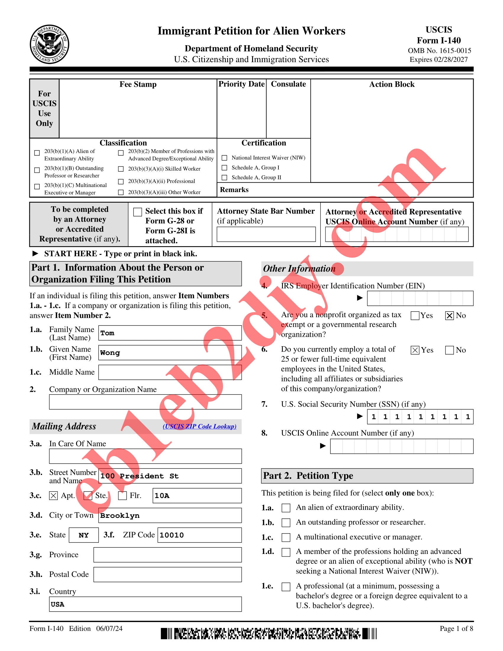 Page 1 of Filled Sample I-140