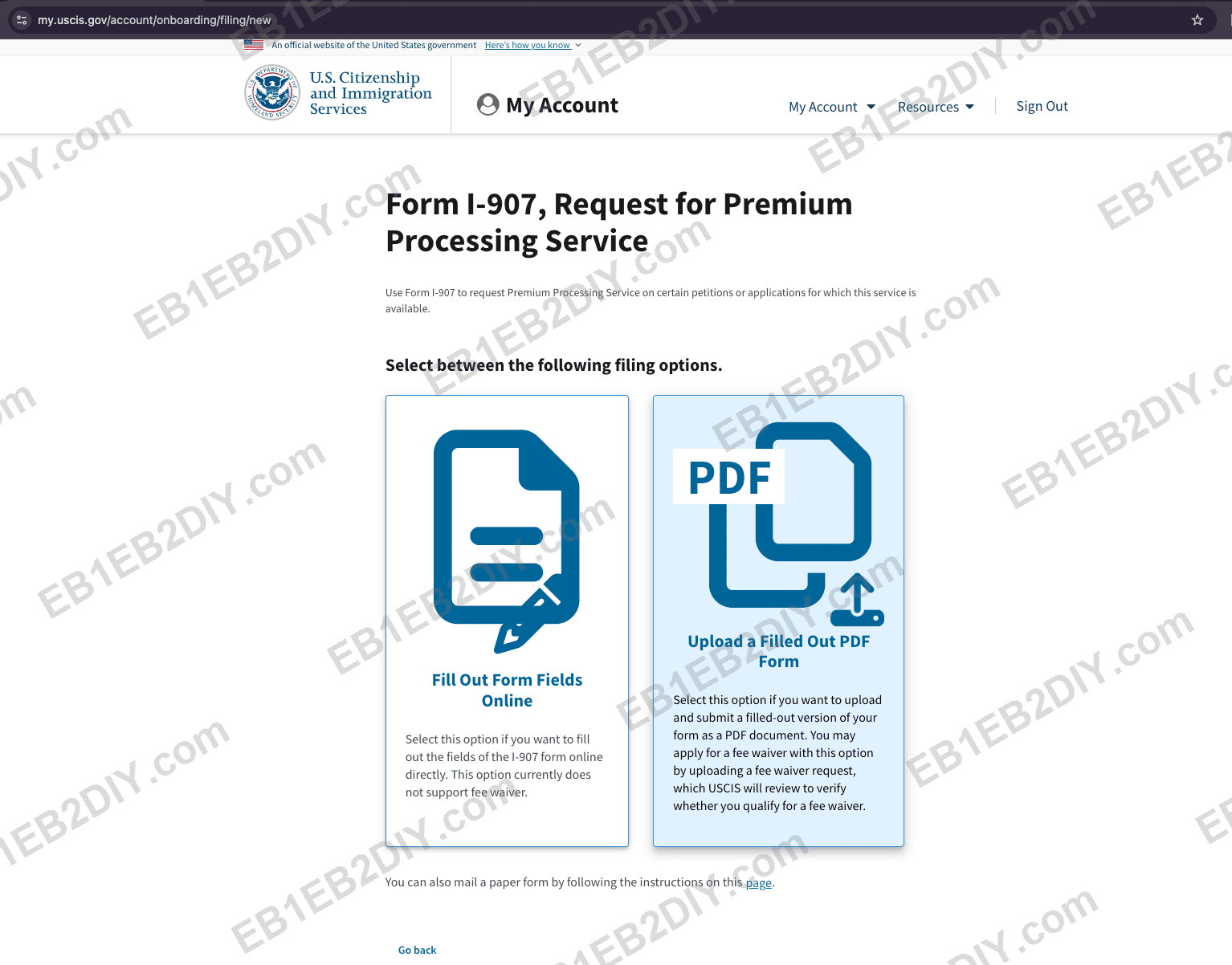 Choosing to upload a filled-out PDF form