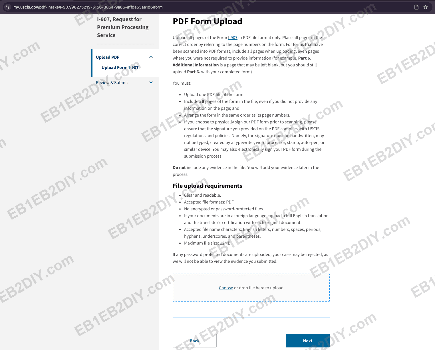 Uploading the completed I-907 PDF