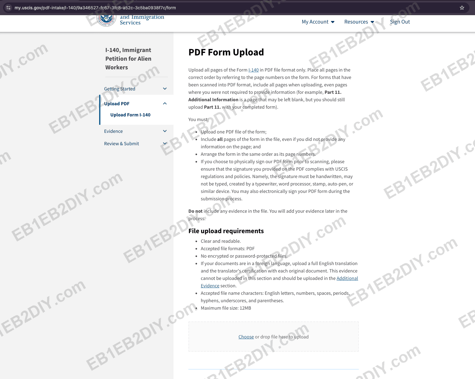 Uploading the completed I-140 PDF